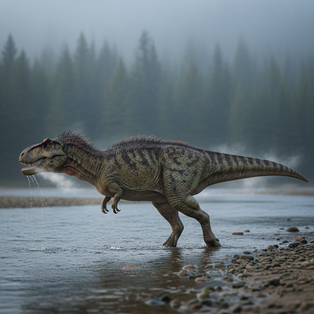 AI dinosaur generator result in the wildlife photo style: a nine-metre tyrannosaur with olive-grey mottled hide wading through a shallow river at the edge of a misty conifer forest at dawn