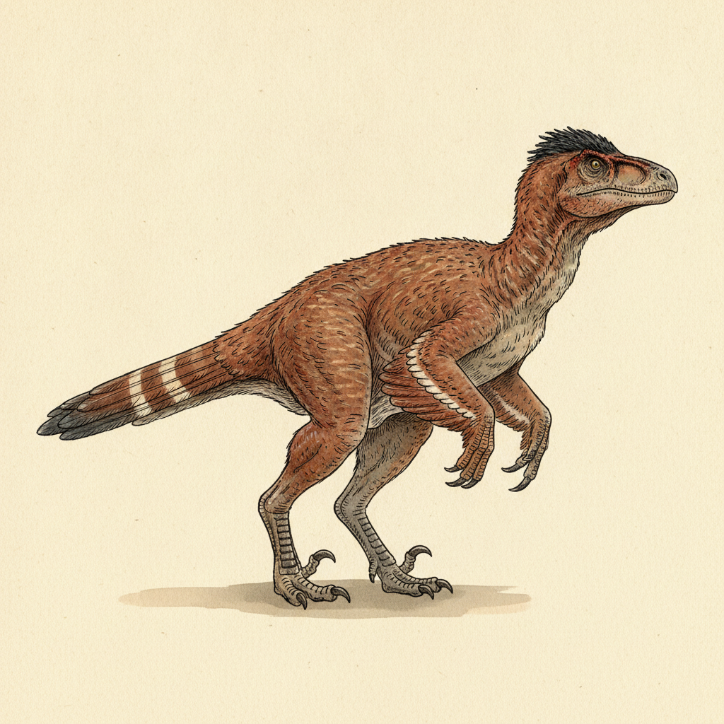 Feathered paleoart plate made with the AI dinosaur generator: a three-metre raptor-like theropod with russet-brown plumage shown side-on against a plain parchment background