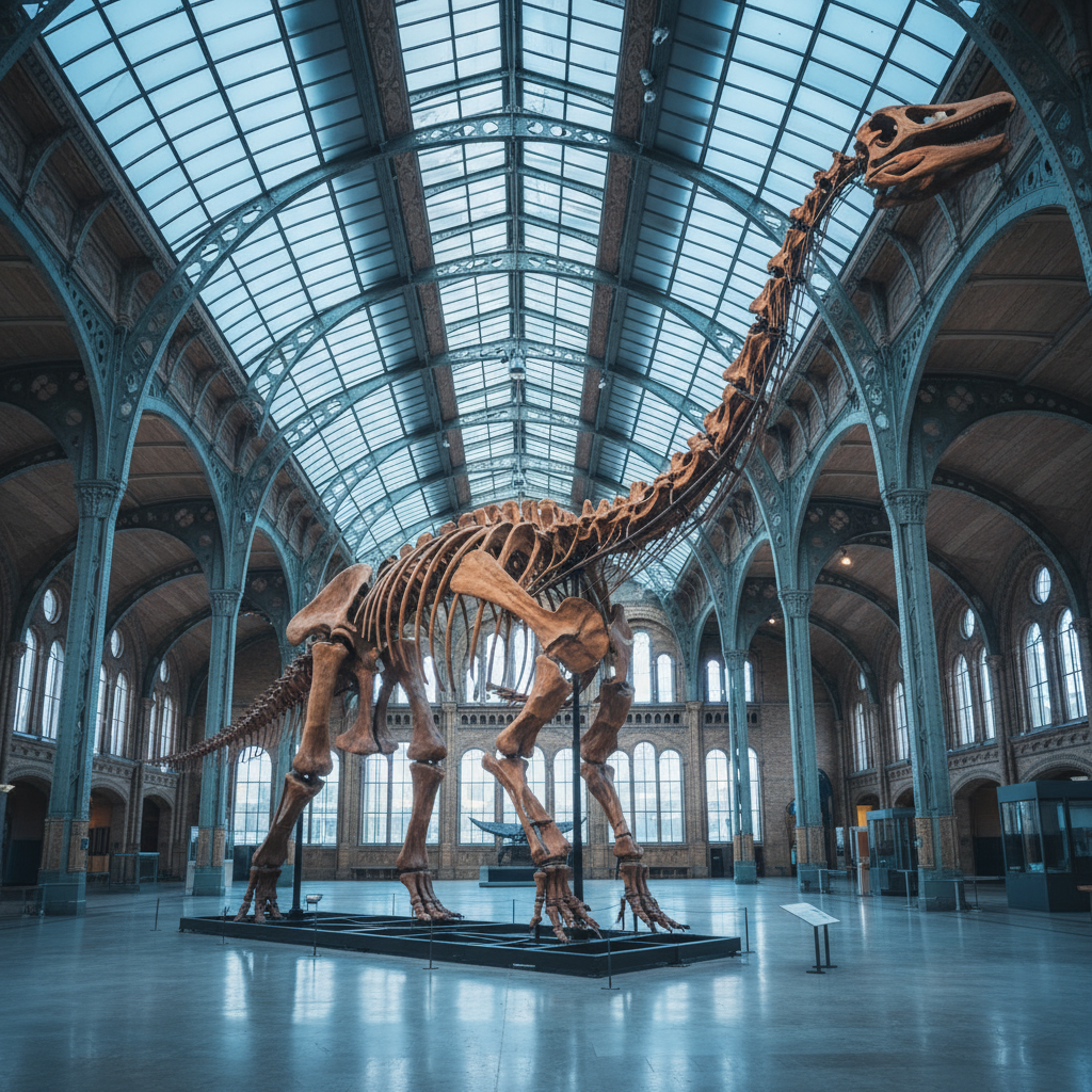 Museum dinosaur skeleton from the AI dinosaur generator: a complete long-necked sauropod mounted on a steel armature under the vaulted glass roof of a natural history hall