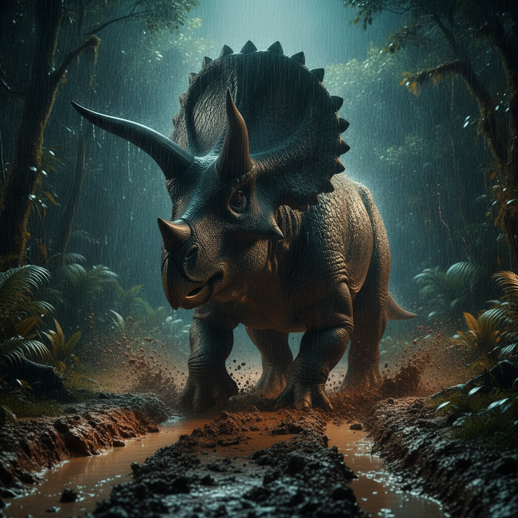 Cinematic dinosaur scene generated with AI: a horned ceratopsian emerging from dense jungle onto a muddy track at night, rim-lit through heavy rain with mud churned up around its feet
