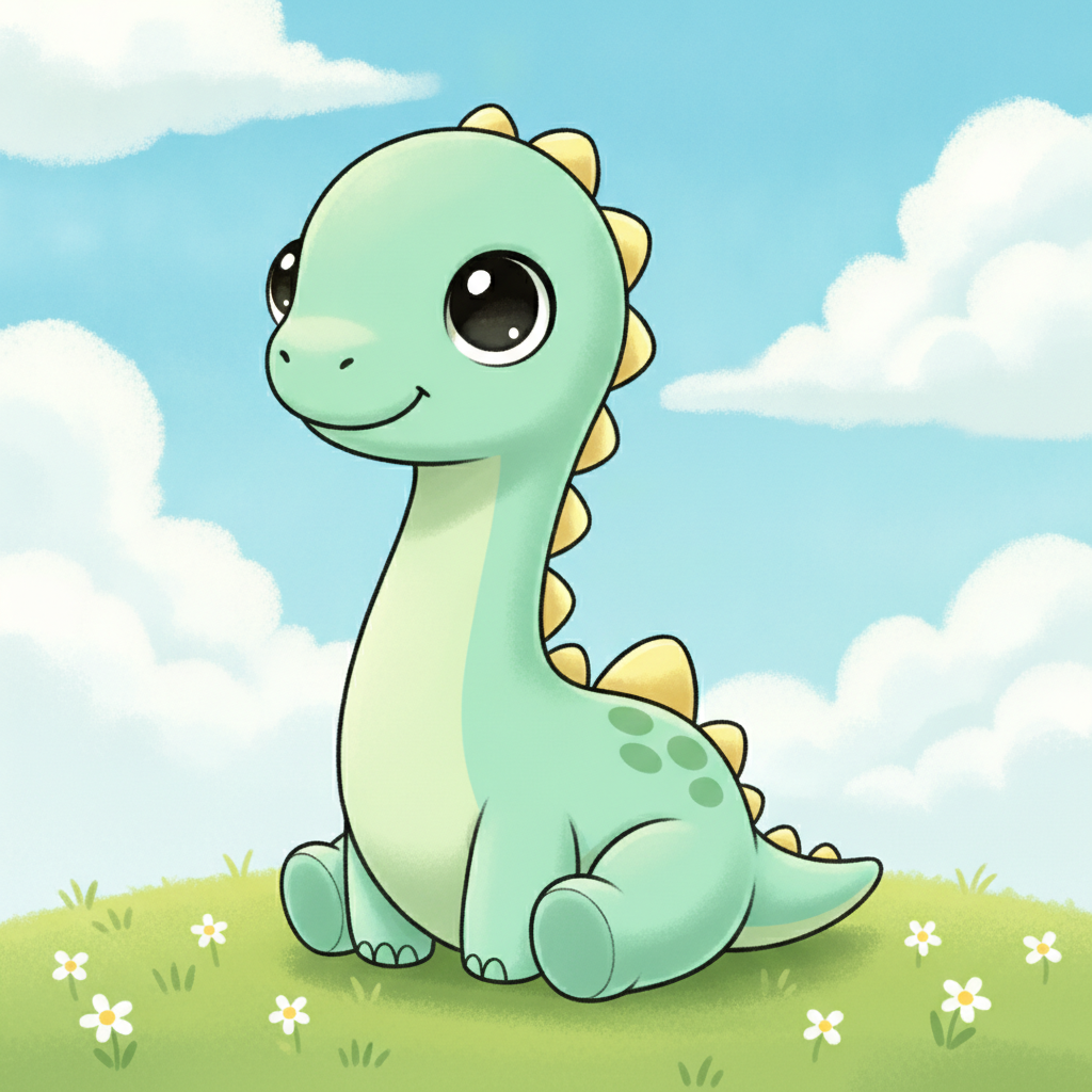 Cute cartoon dinosaur from the AI dinosaur generator: a chubby mint-green long-necked baby dino with big glossy eyes and soft yellow back spikes sitting on a grassy hill