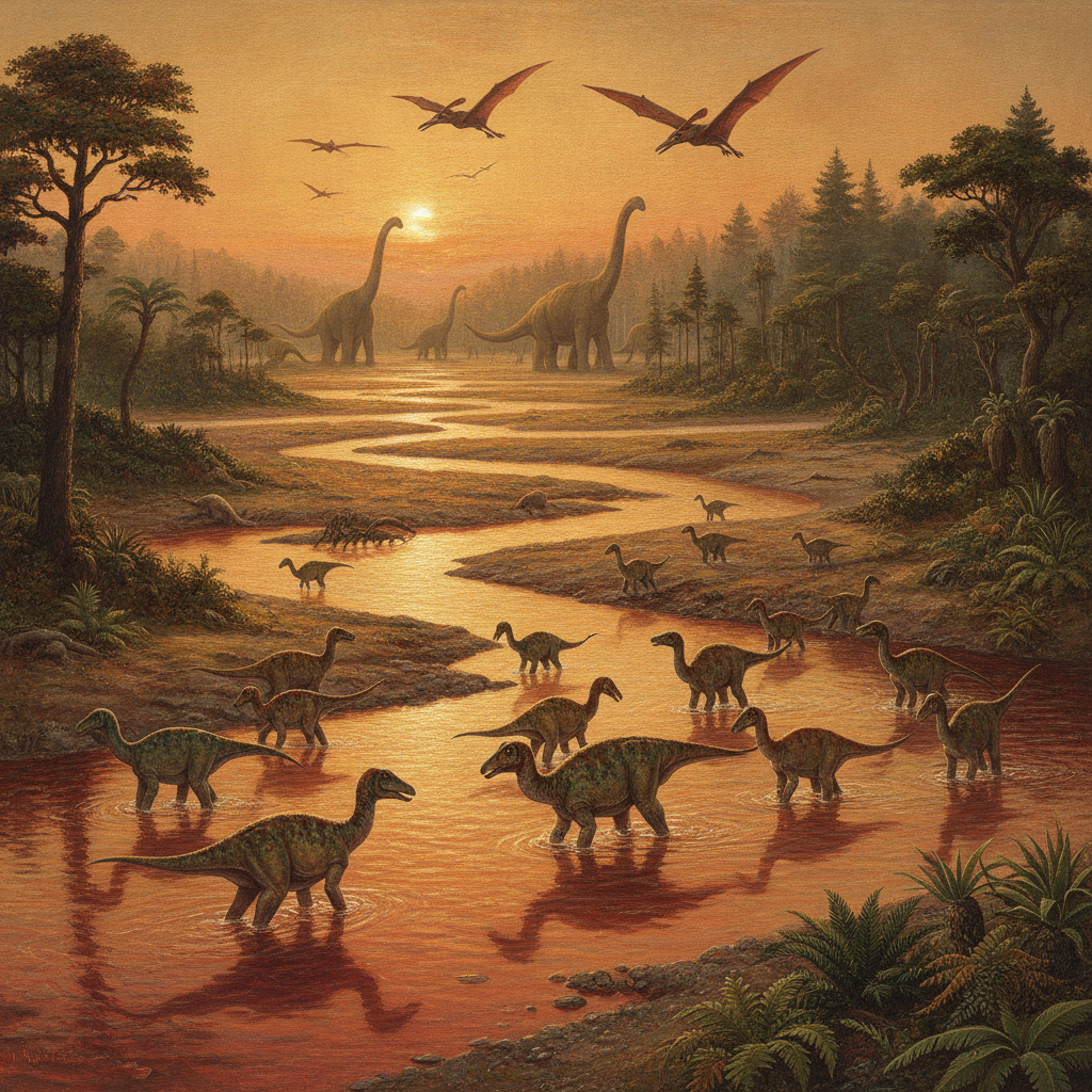 Prehistoric landscape painted by the AI dinosaur generator: a herd of dinosaurs wading across a Cretaceous river delta at golden hour with towering sauropods and gliding pterosaurs beyond