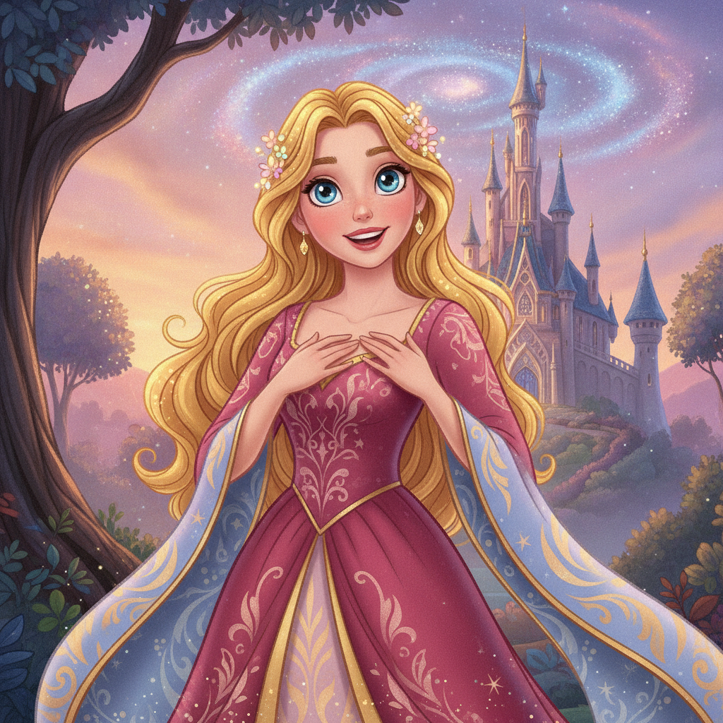 AI Disney generator result showing a person turned into a classic 2D Disney style animated character with big sparkling eyes and a storybook castle background