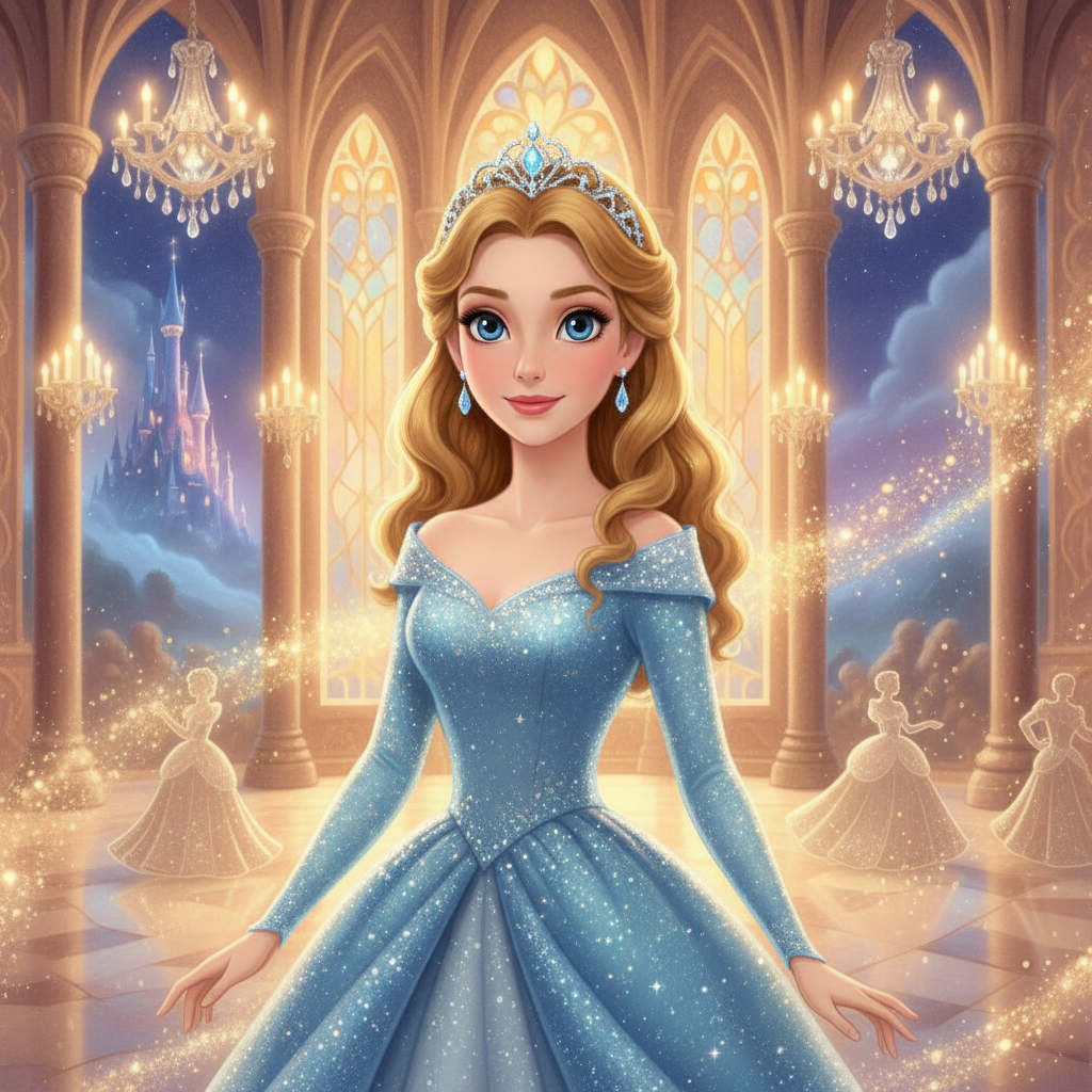 AI Disney generator result showing a woman as a Disney princess in a sparkling ballgown and tiara with a magical castle ballroom background