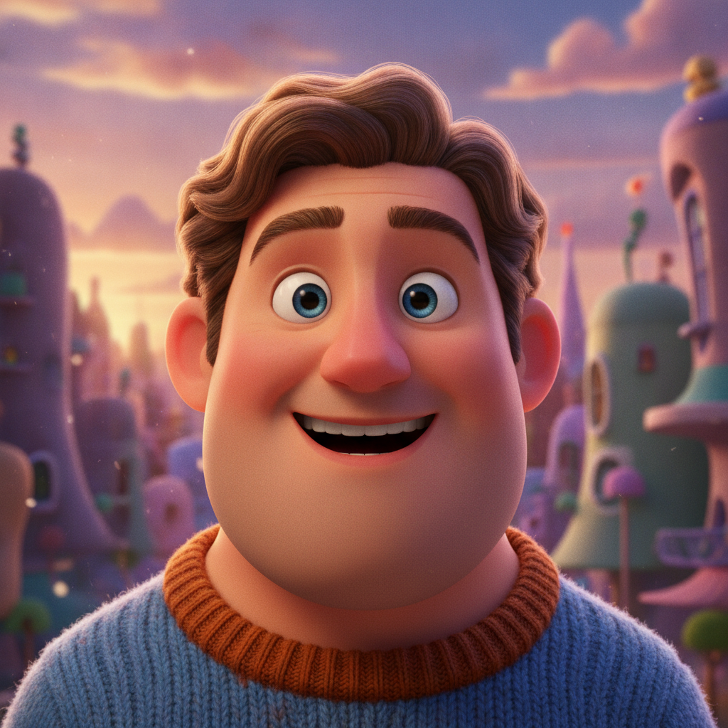 AI Disney generator result showing a man as a 3D Disney Pixar style character with smooth rounded features and big glossy eyes