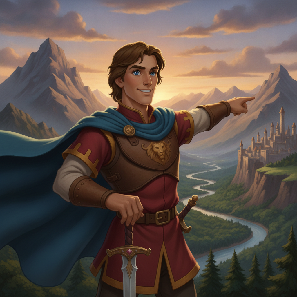 AI Disney generator result showing a man as a Disney style adventure hero in a fantasy landscape with a dynamic heroic pose