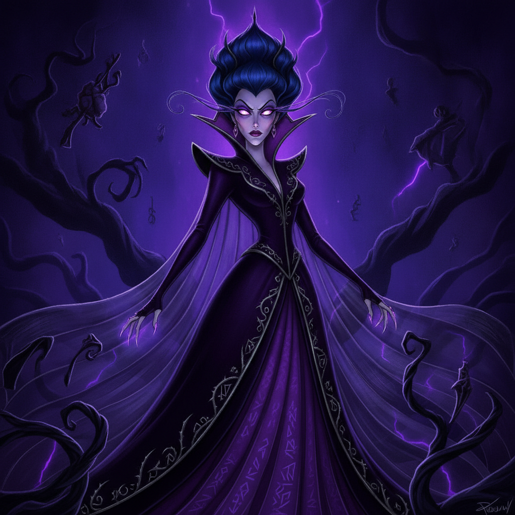 AI Disney generator result showing a person as a Disney style villain character with dramatic theatrical styling and moody magical lighting