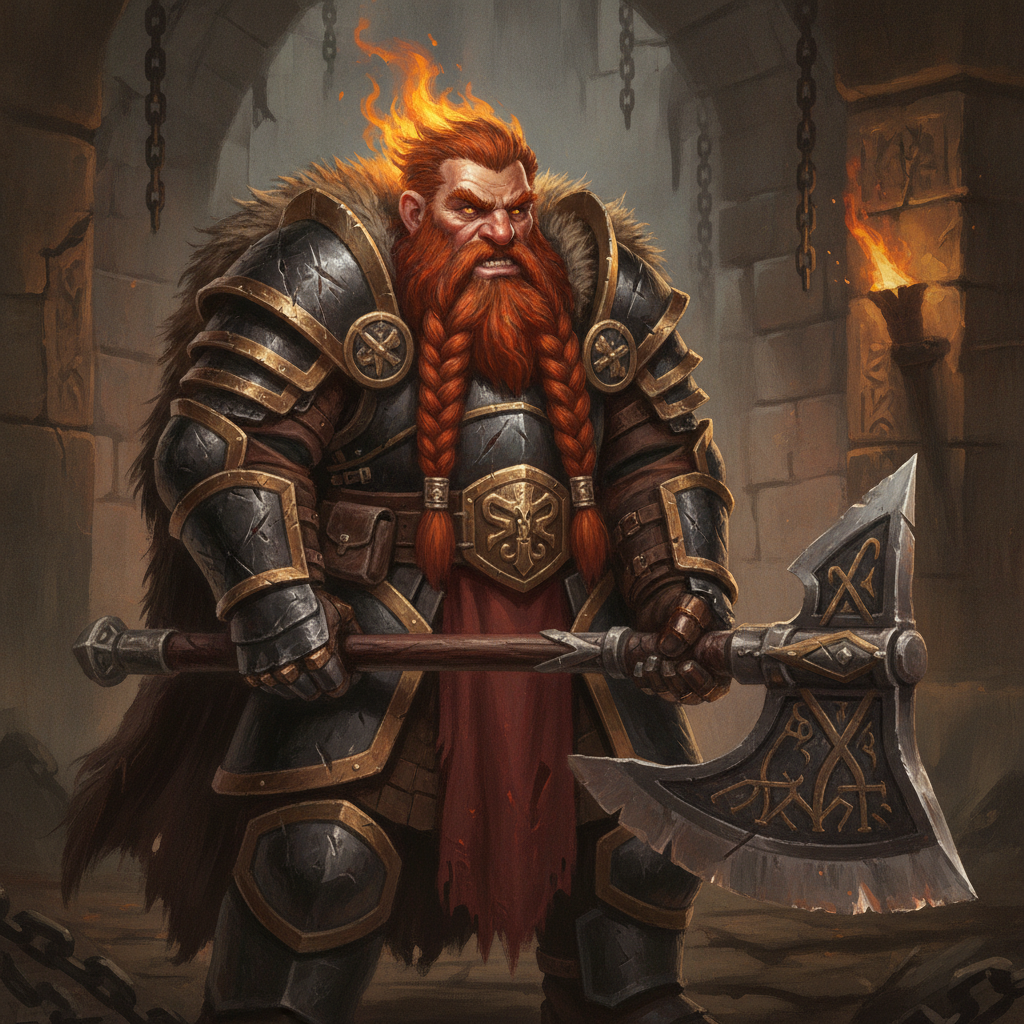 AI D&D character generator result showing a dwarf warrior with a braided red beard and battle-worn plate armor holding a war axe