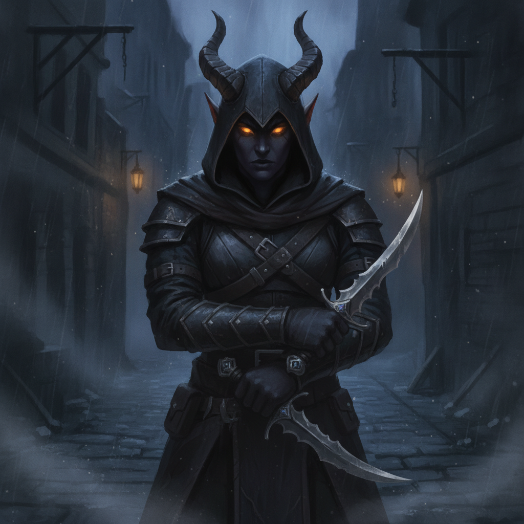 AI D&D character generator result showing a tiefling rogue with horns, glowing amber eyes, a hooded leather outfit, and twin daggers