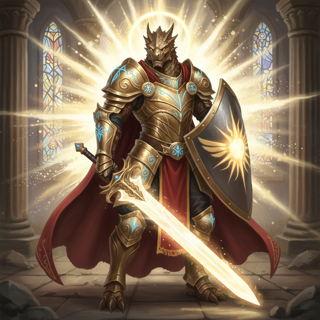 AI D&D character generator result showing a dragonborn paladin with bronze scales, golden holy armor, and a glowing greatsword