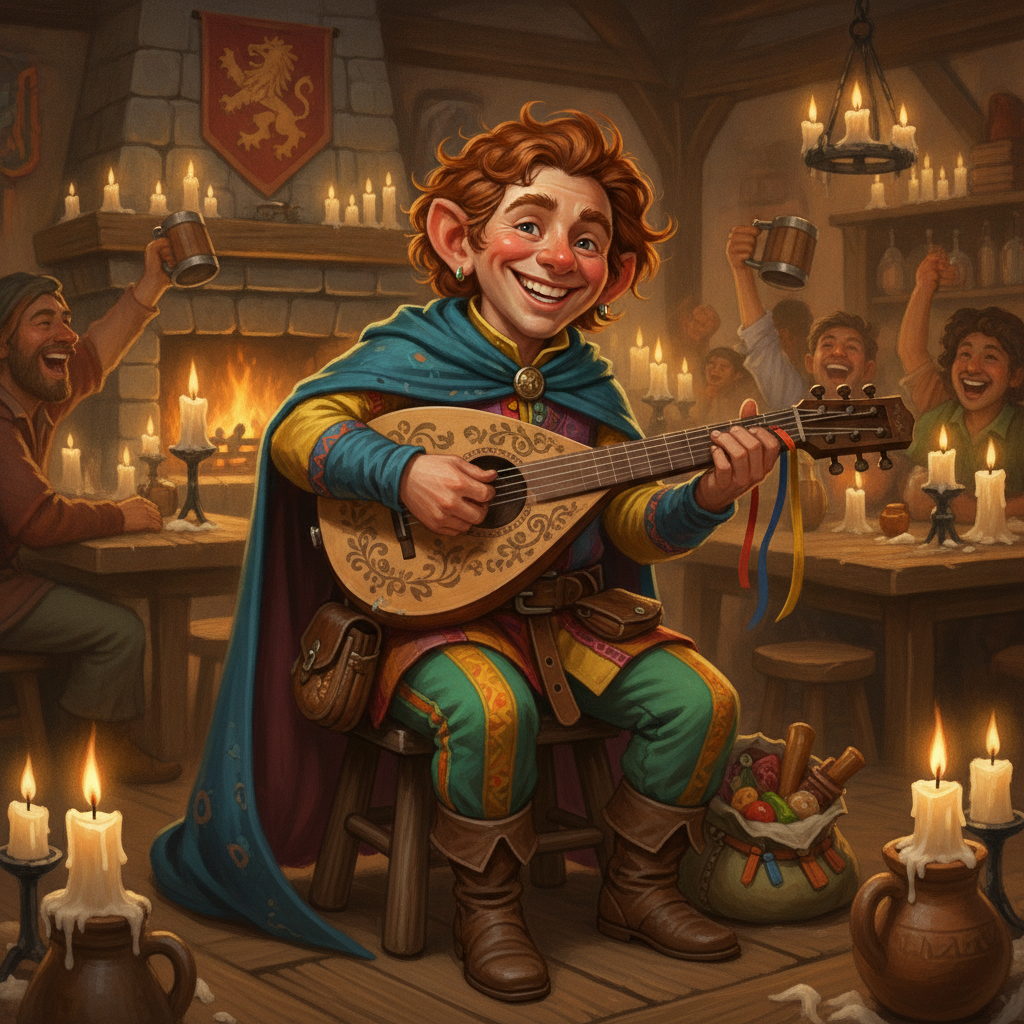 AI D&D character generator result showing a cheerful halfling bard playing a lute in a warm candlelit tavern