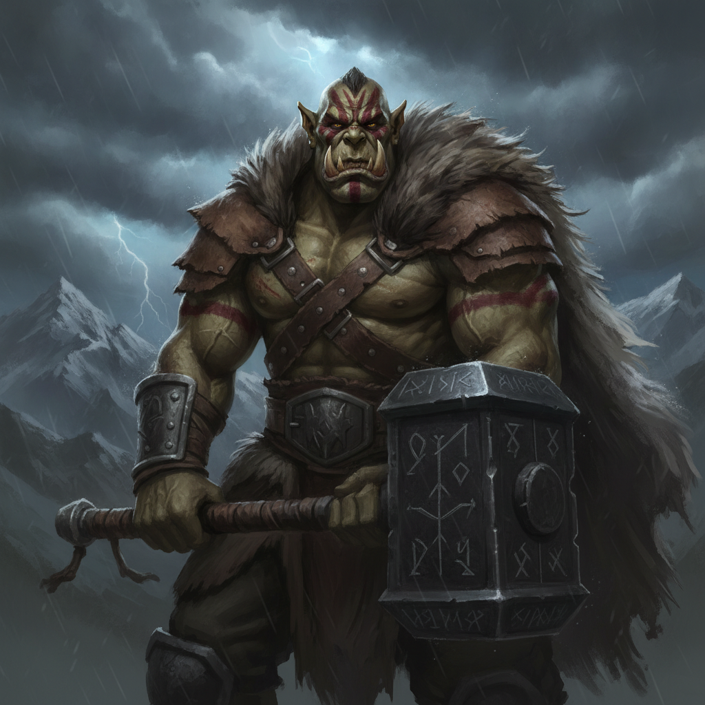 AI D&D character generator result showing a half-orc barbarian with green skin, war paint, and a giant two-handed hammer