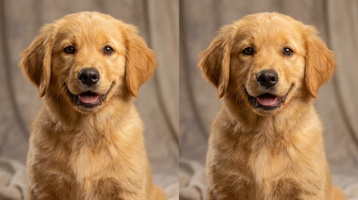 AI dog generator — an adorable golden retriever puppy portrait with fluffy fur and big warm brown eyes, photorealistic 4K