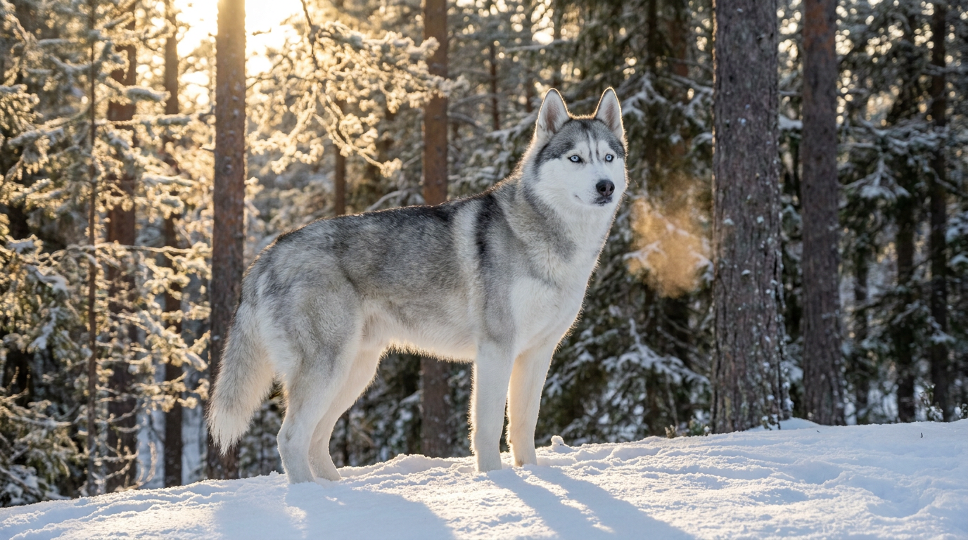 AI dog generator — a majestic Siberian husky with striking blue eyes standing in a snowy forest, cinematic 4K