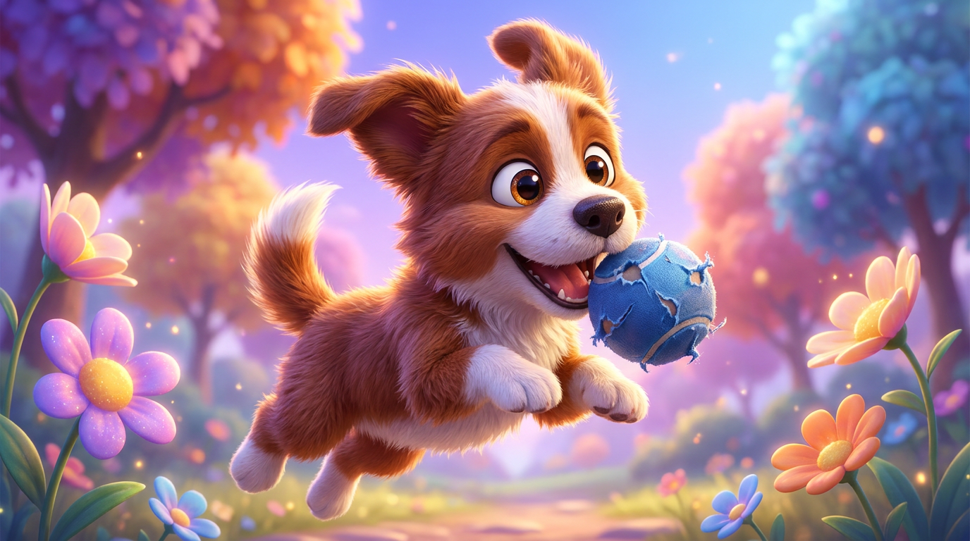 AI dog generator — a cute cartoon dog character with big expressive eyes in a playful Pixar-style 3D render