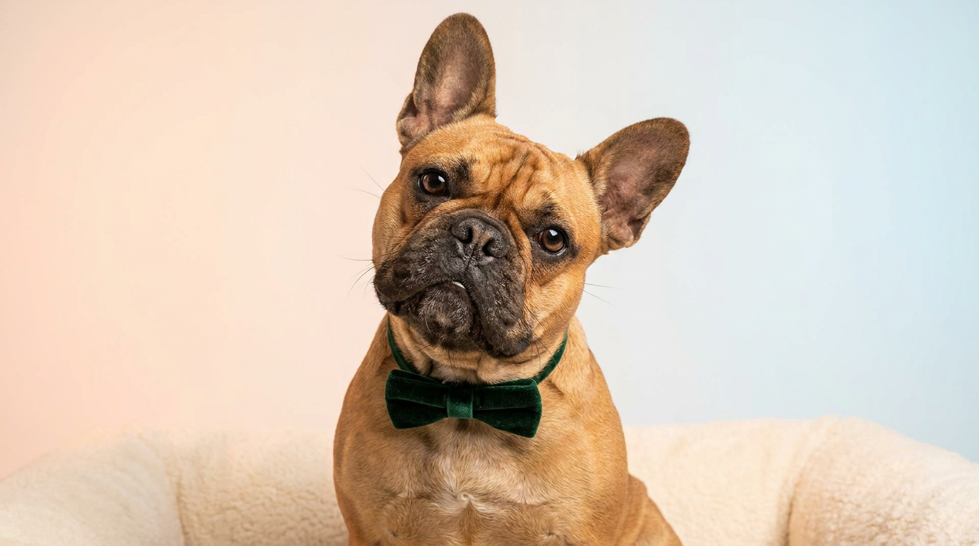 AI dog generator — a regal French bulldog wearing a tiny bow tie on a clean pastel studio background, 4K