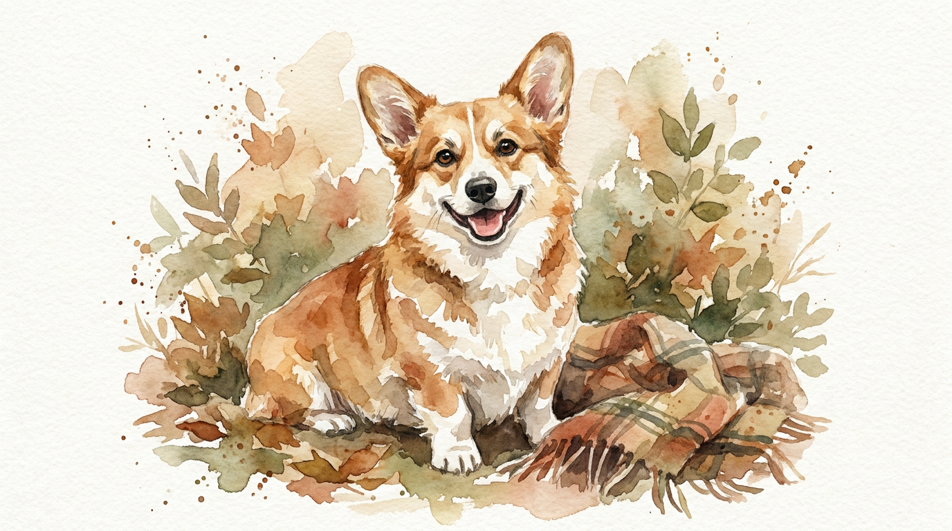 AI dog generator — a watercolor painting of a happy corgi in warm earthy tones with soft brush strokes