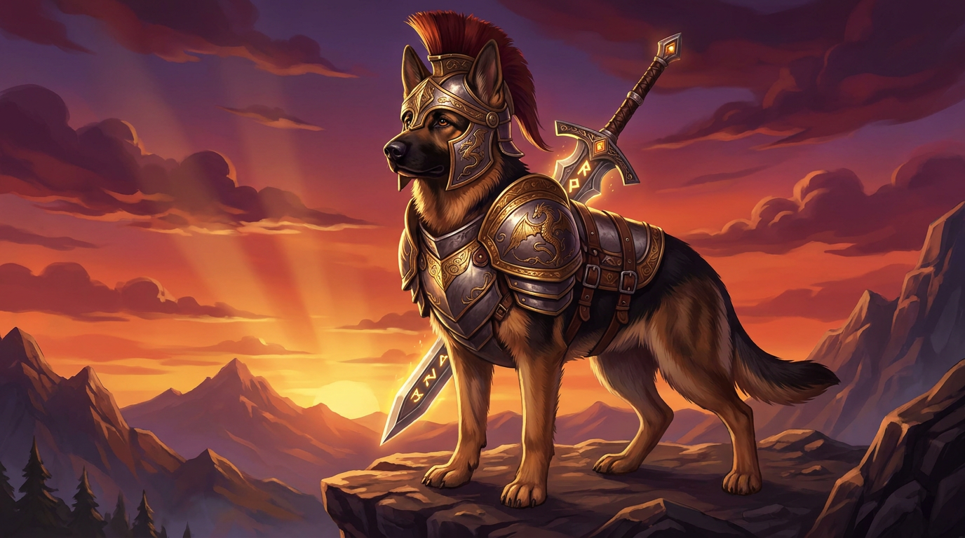 AI dog generator — a heroic fantasy dog warrior, a noble German shepherd in ornate armor at sunset, cinematic 4K