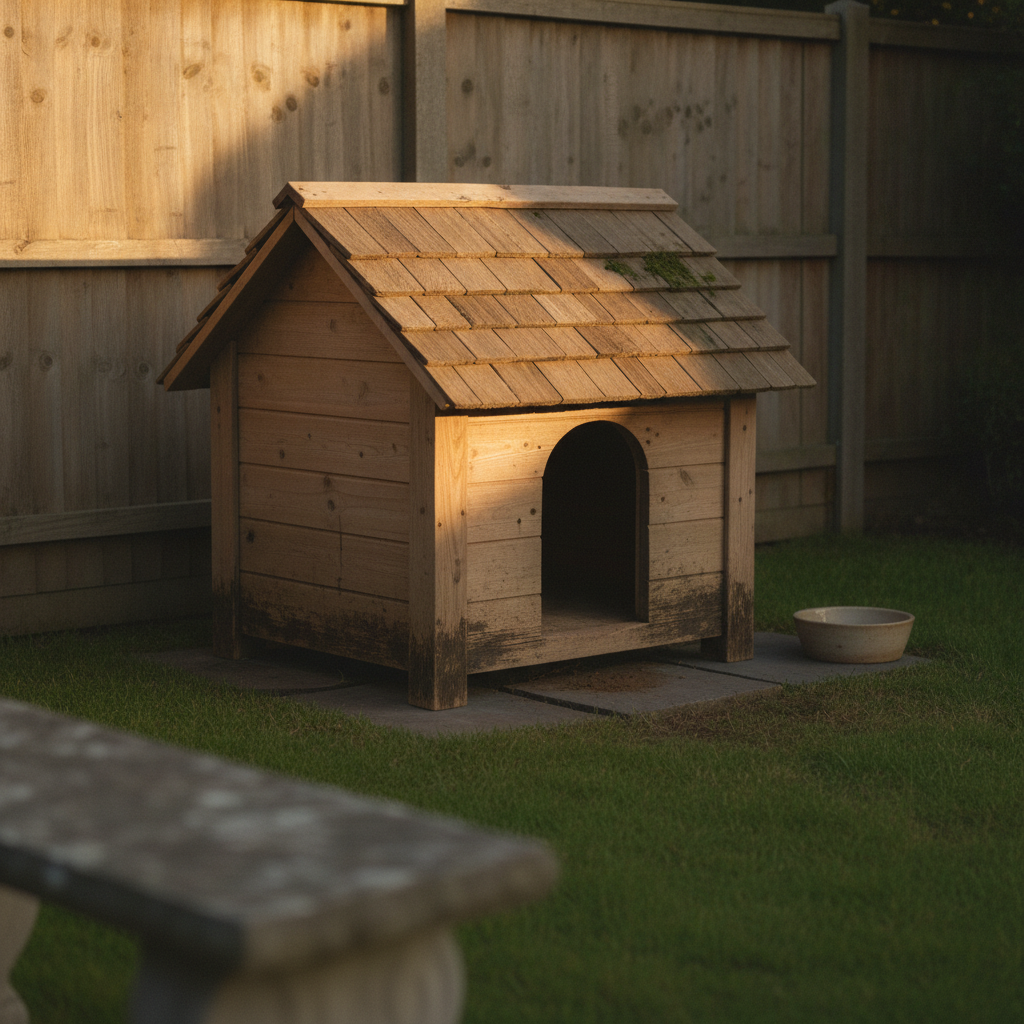 AI dog house design generator result: a classic gable dog house in rough sawn cedar with a split cedar shingle roof mossed along the ridge, an arched doorway cut clean through the front boards, dried mud staining up the bottom two boards and four short corner feet standing on a slate paver beside a close-boarded fence.