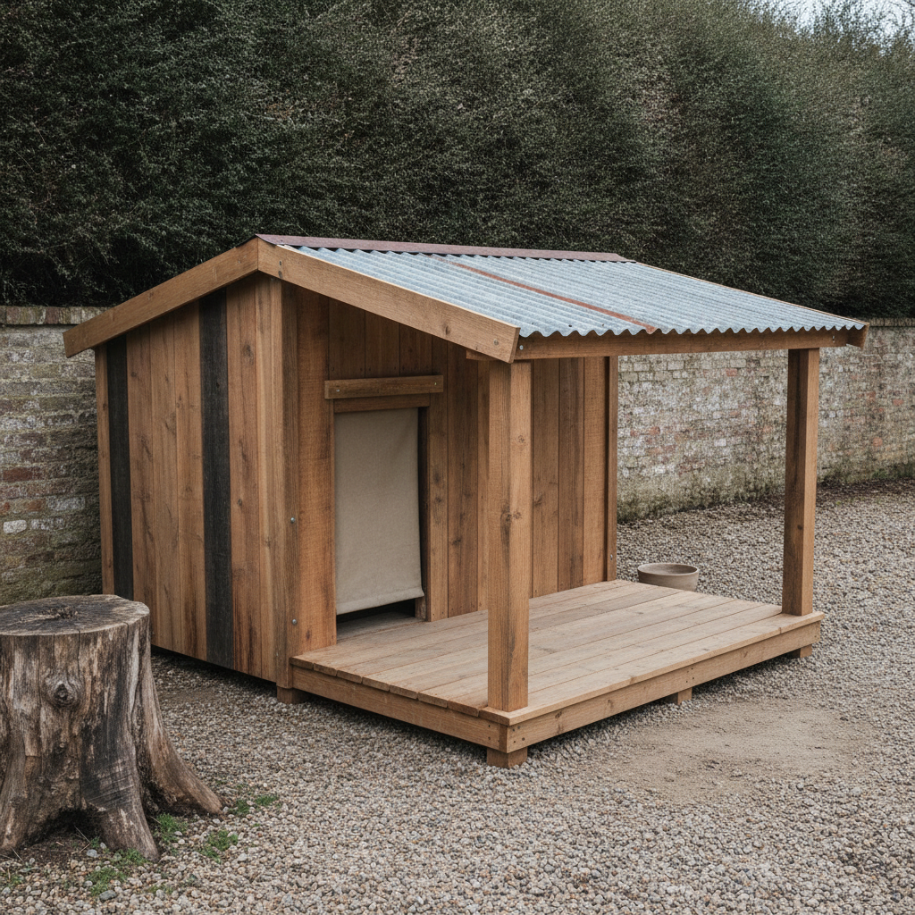 AI dog house design generator result: an insulated winter kennel in vertical tongue and groove larch with a corrugated galvanised steel roof carried out over a covered porch on two square posts, a plain canvas flap hung from a batten over an off-centre doorway and a bare larch deck raised clear of a gravel yard.