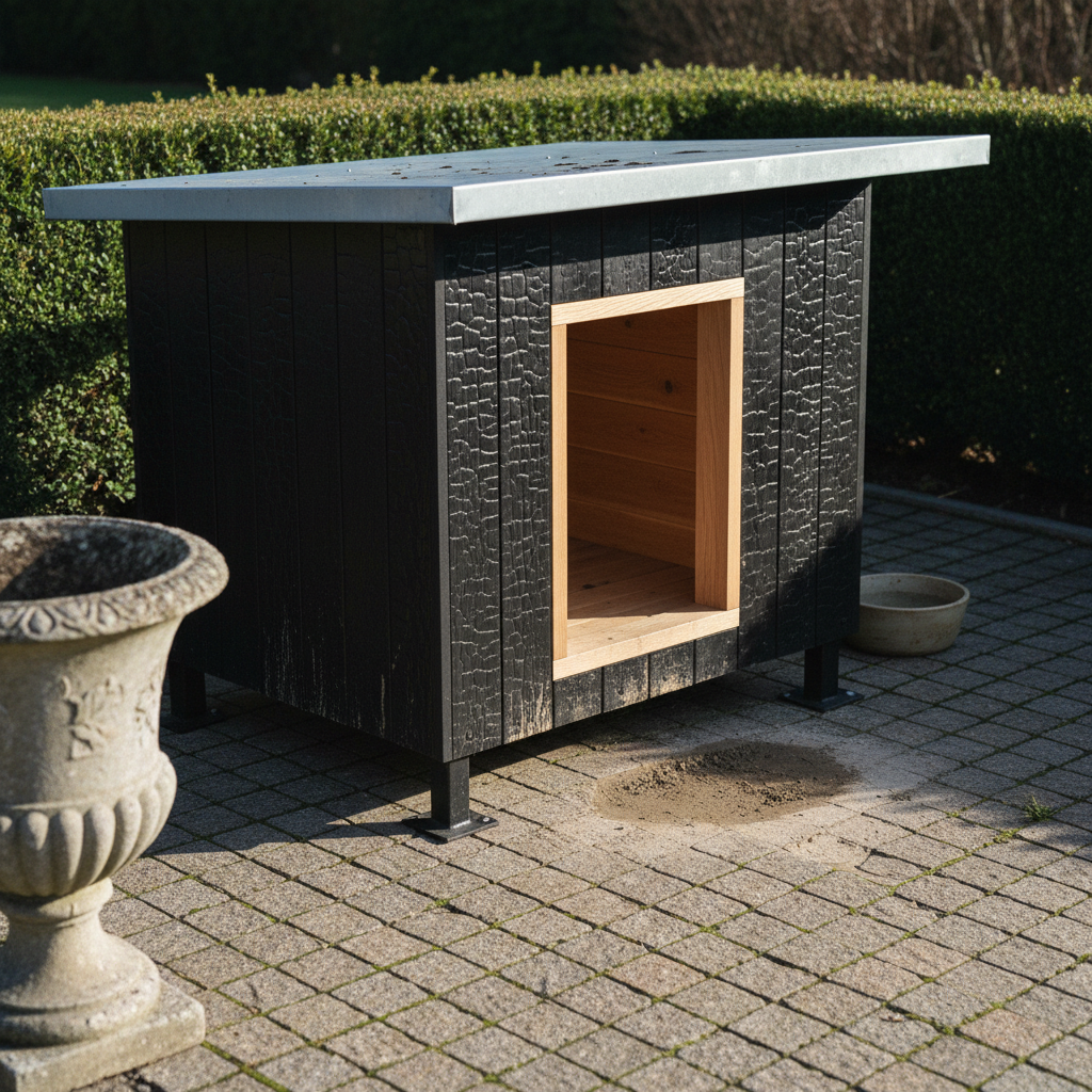 AI dog house design generator result: a modern flat-roofed dog house clad in charred larch cracked into black alligator scales, a folded zinc roof standing proud of the walls, a doorway lined and the whole interior lined in pale oiled oak, and four black steel legs on welded foot plates standing on block paving.