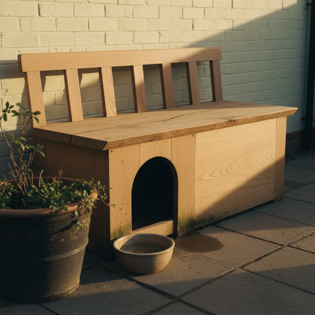 AI dog house design generator result: an oak garden bench with the dog house built into the box under its seat, one single seat slab split along a long shake running with the grain, an arched doorway cut through the front board off to the left, five slats under one unbroken back rail and green algae along the bottom edge where the oak meets the paving.