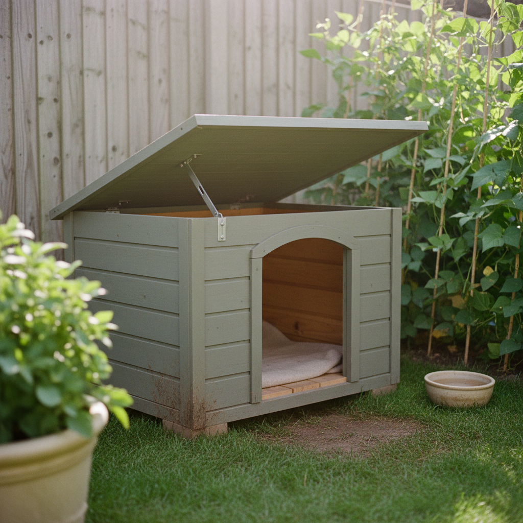 AI dog house design generator result: a grey green shiplap dog house with its roof hinged at the back and standing wide open, held by one folding galvanised steel stay screwed to the underside of the panel and the inside of the side wall, a slatted floor and folded blanket inside, and the grass worn to bare earth in front of the doorway.