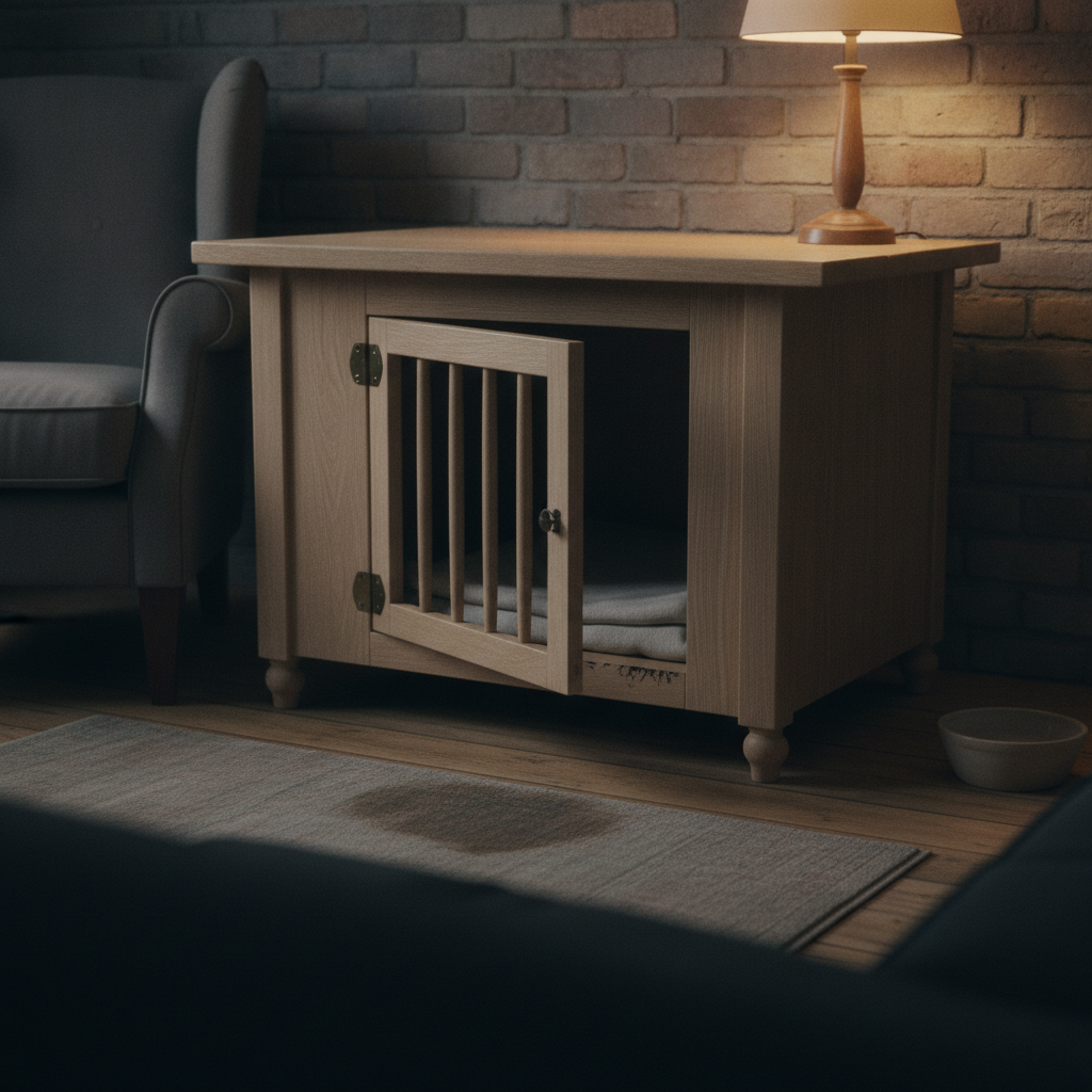 AI dog house design generator result: an indoor dog house built as an ash side table with a lamp standing on its overhanging top, a spindle door on two brass butt hinges swung open towards the camera, turned bun feet, a folded blanket inside and a wool rug flattened and darkened in a soft patch in front of the door.