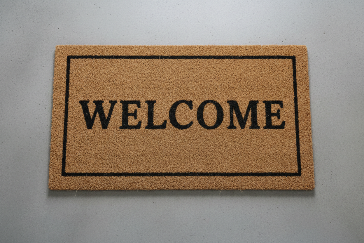 AI doormat design generator result: a natural coir welcome mat shot straight down on grey concrete, WELCOME set in heavy serif capitals inside a thin rectangular border. The lettering is exactly right for the substrate — solid, wide, nothing to break up between the fibres. The border is the one thing to fix: at 30 inches wide that rule is under an eighth of an inch, thin enough to go patchy on coir, and thickening it is a two-minute job once the design is traced