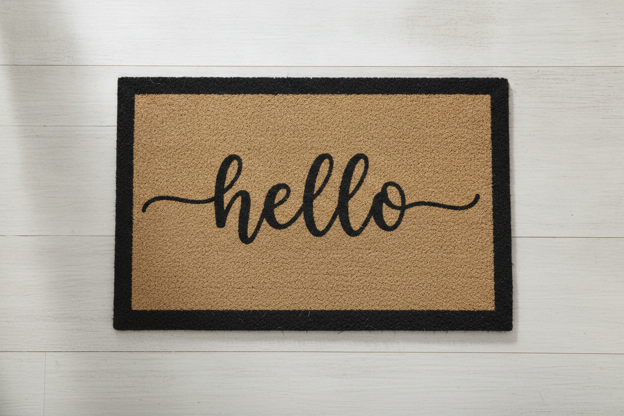 A modern farmhouse doormat on a pale wooden porch: hello in flowing black script, centred inside a thick painted border on natural tan coir. The border weight and the empty fibre around the word are textbook. The script is the gamble — the hairline tails either side of the word are the first thing a coarse weave loses, and the whole category lives or dies on whether the spelling survived, which here it did
