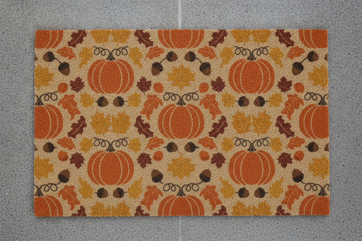 An autumn doormat printed edge to edge with pumpkins, maple and oak leaves and acorns in burnt orange, rust, mustard and dark brown on natural coir. No lettering at all, which is why nothing here can go wrong at the spelling stage. Worth noting that the pattern runs off all four edges, so the mat binding will cut through a pumpkin on each side — either accept it or pull the artwork in an inch