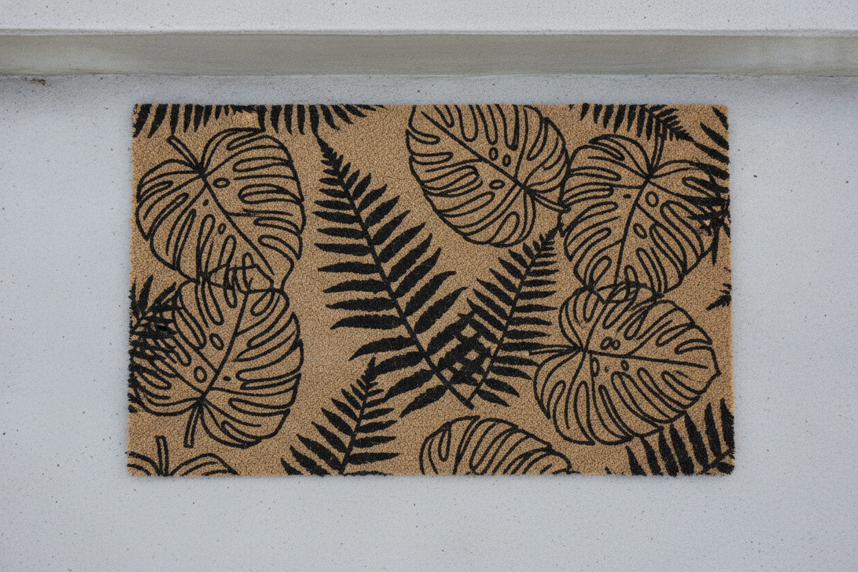 A botanical doormat: black line-art monstera leaves and fern fronds filling natural fibre edge to edge. This one shows the stroke-width rule in a single frame — the fern silhouettes are solid and will print exactly as drawn, while the fine outlines and interior detail of the monstera leaves are thinner than a coir strand and will drop out in patches on a real mat