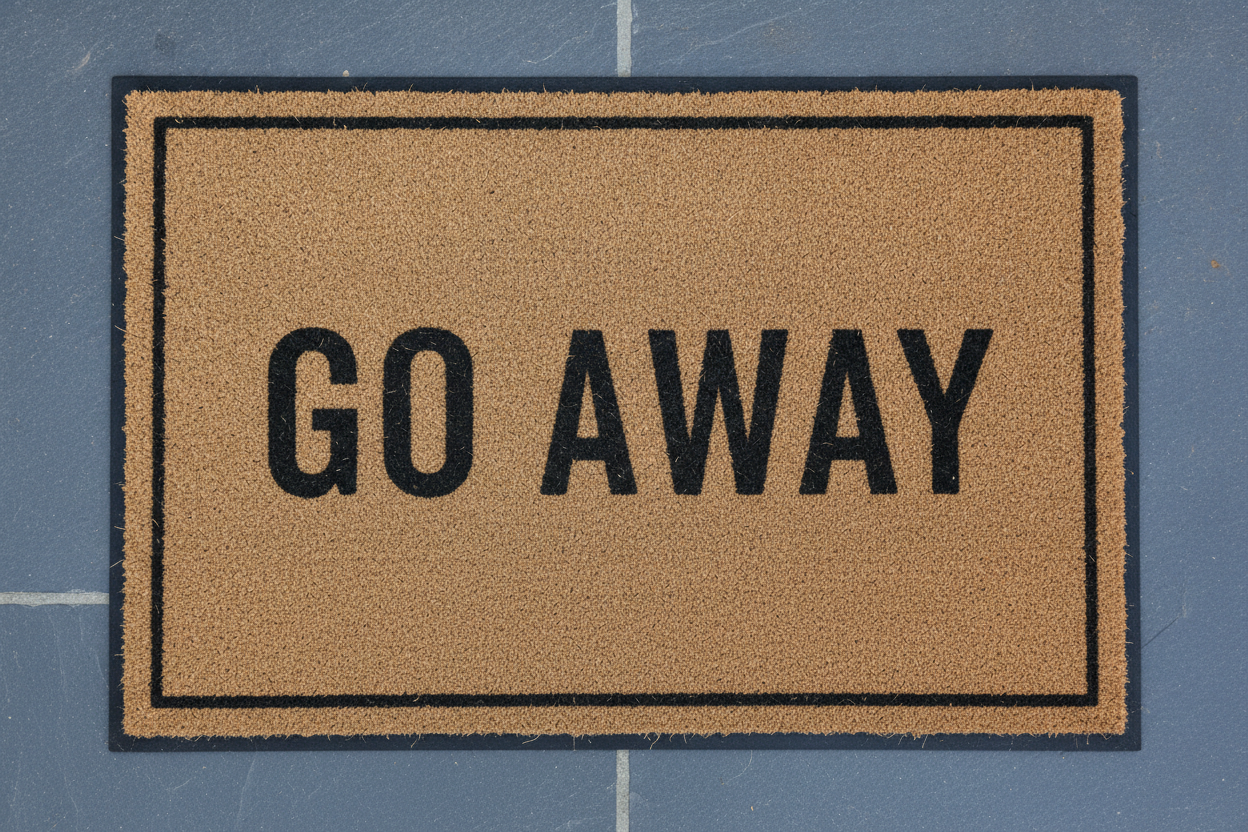 A novelty doormat reading GO AWAY in heavy condensed black capitals across a natural coir mat with a thin outline border. The best-behaved design in the set: maximum letter mass, maximum contrast, correct spelling, and a layout that will still read from standing height after a season of sun has taken the black down to charcoal
