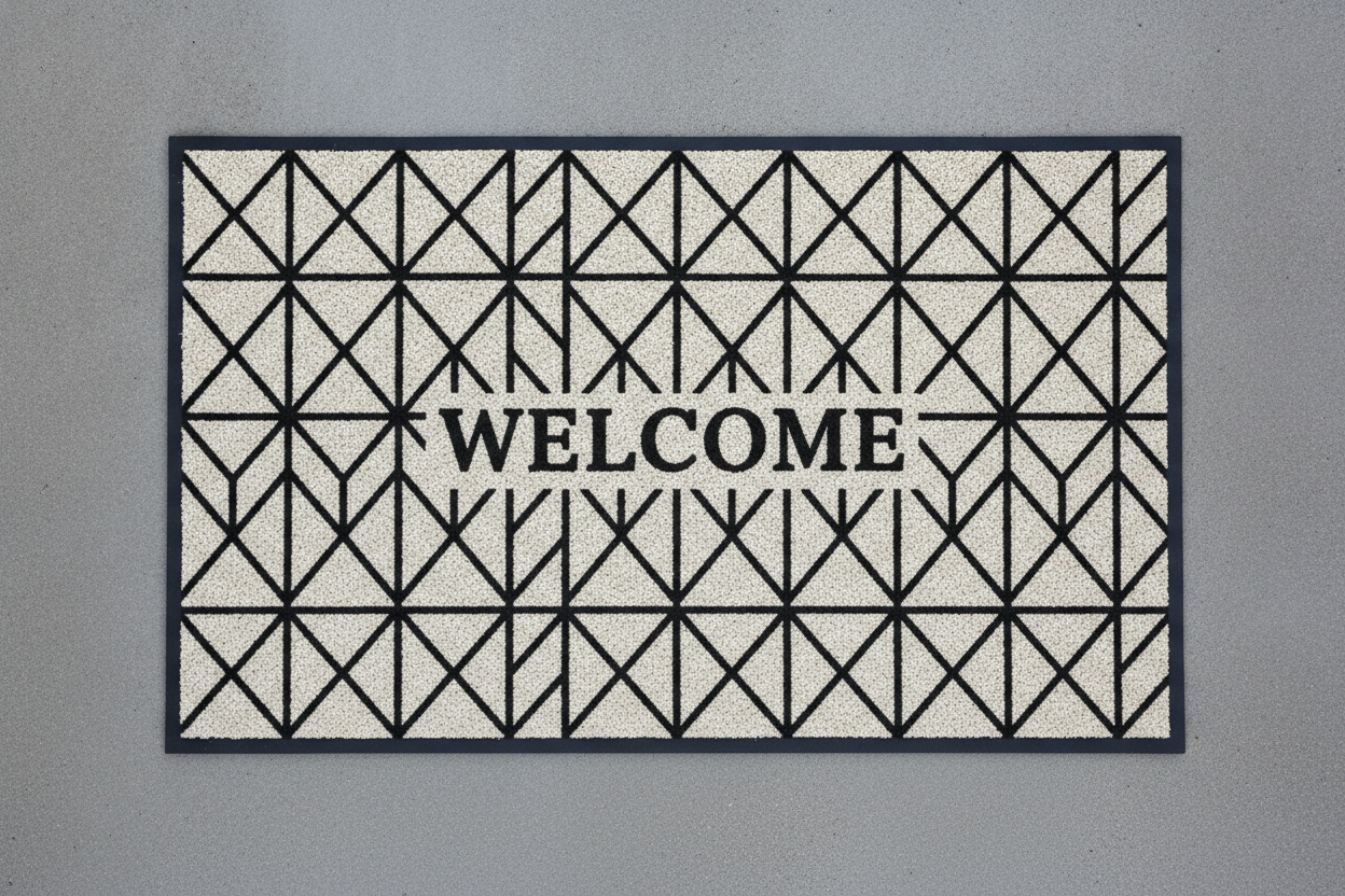 A modern geometric doormat on grey concrete: black diamonds and triangles over an off-white low-pile rubber-backed surface, with WELCOME across the middle. The preset asked for no lettering and the model added it anyway — a useful reminder that you cannot rely on a text ban holding. Note the pale ground too: that off-white would be unprintable on natural coir and only works because this is a rubber-backed mat