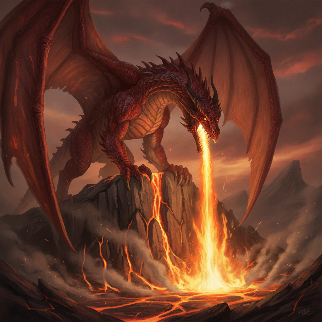 AI dragon generator result showing a majestic red fire dragon with massive spread wings breathing flames on a volcanic cliff, epic fantasy concept art