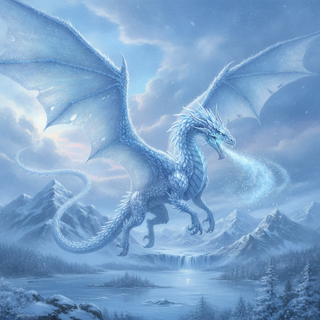 AI dragon generator result showing a graceful ice dragon with crystalline blue scales and frost-covered wings soaring through a snowy mountain sky