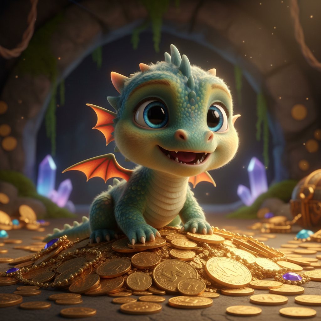 AI dragon generator result showing a cute friendly baby dragon hatchling with big sparkling eyes sitting among golden treasure coins, Pixar-style render