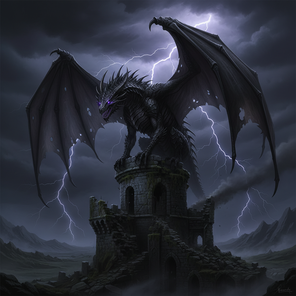 AI dragon generator result showing a fearsome black gothic dragon perched atop a ruined castle tower at night with glowing purple eyes and stormy sky