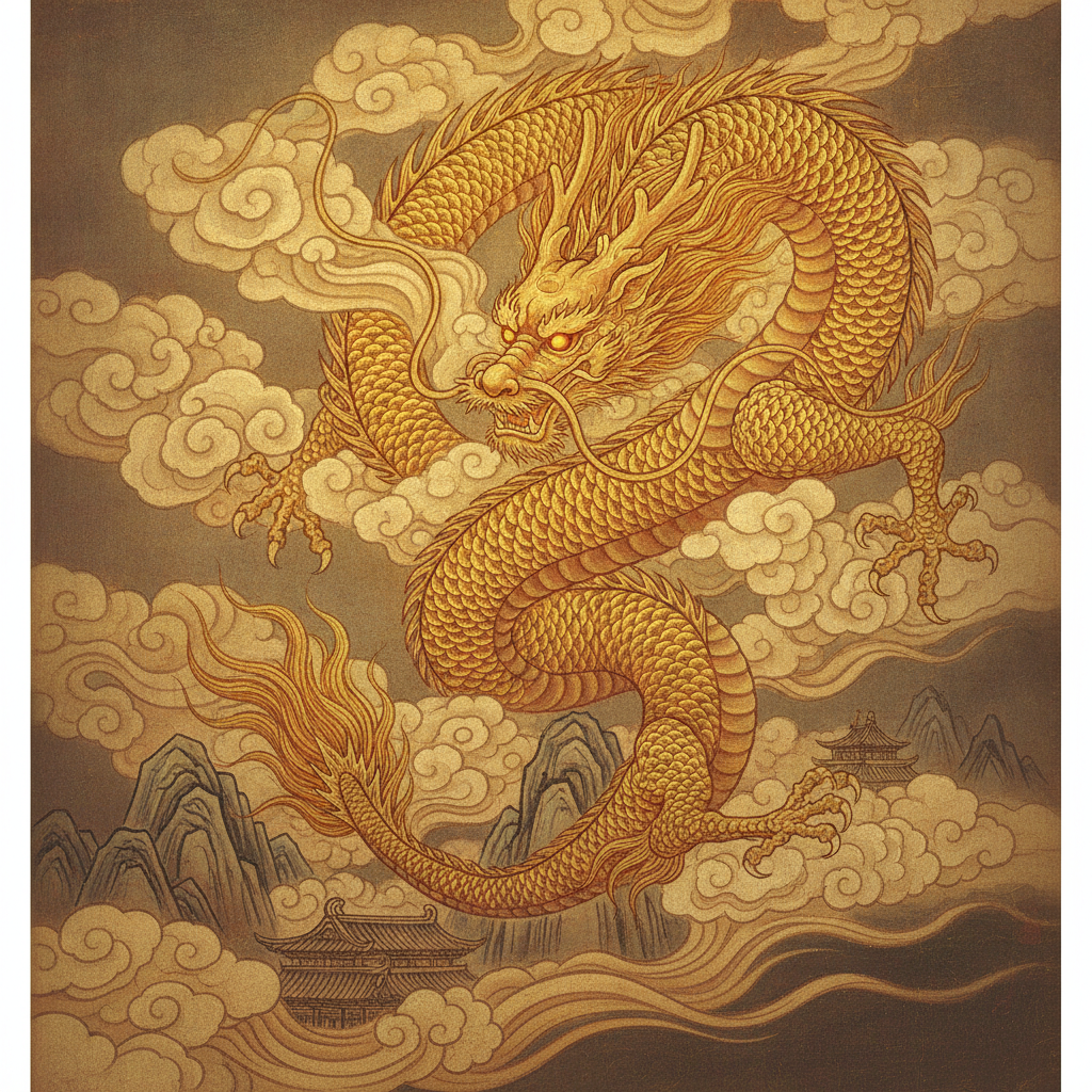 AI dragon generator result showing a golden ancient eastern Chinese dragon with a long serpentine body coiling through swirling clouds