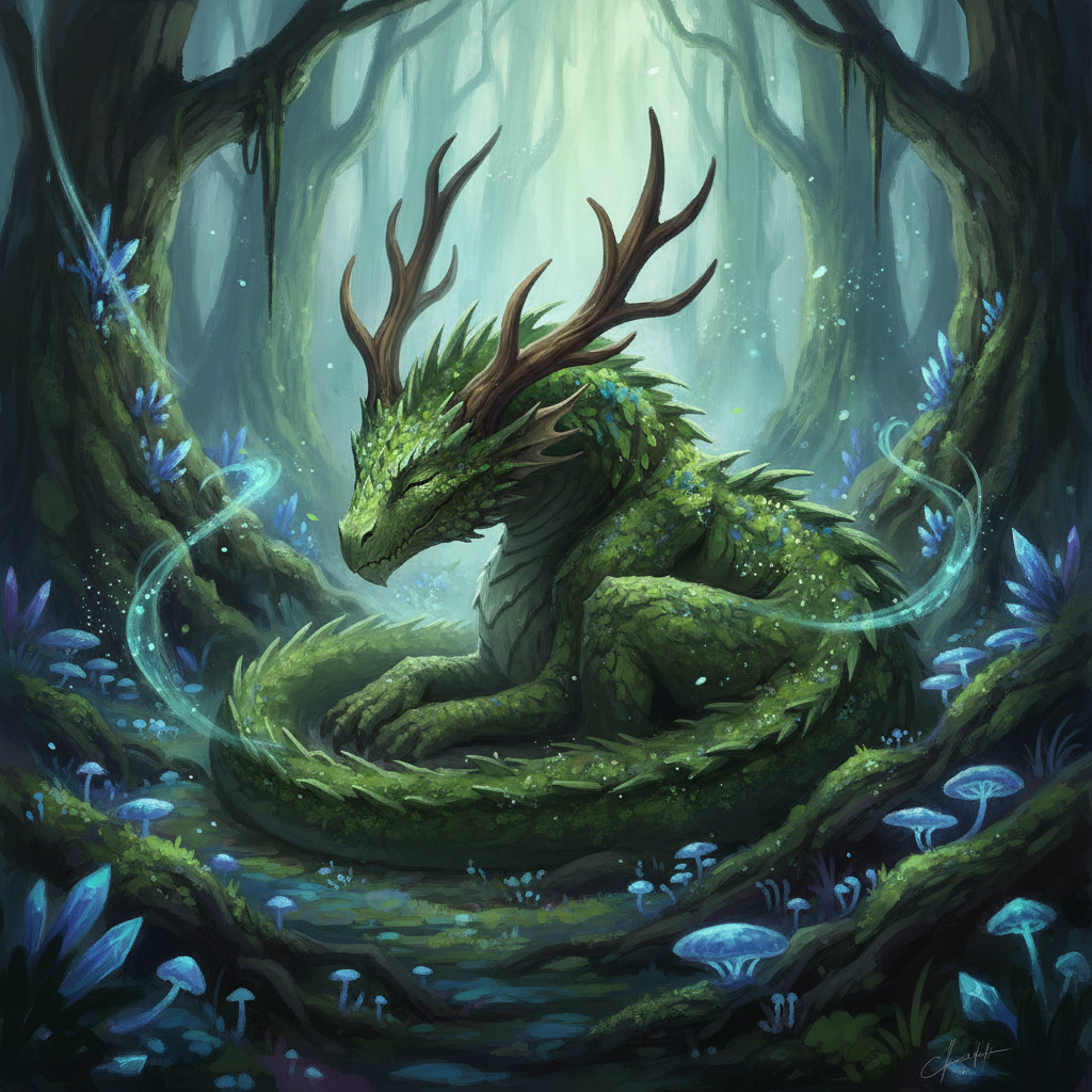 AI dragon generator result showing a green forest dragon with mossy scales and antler-like horns resting in an enchanted glowing forest