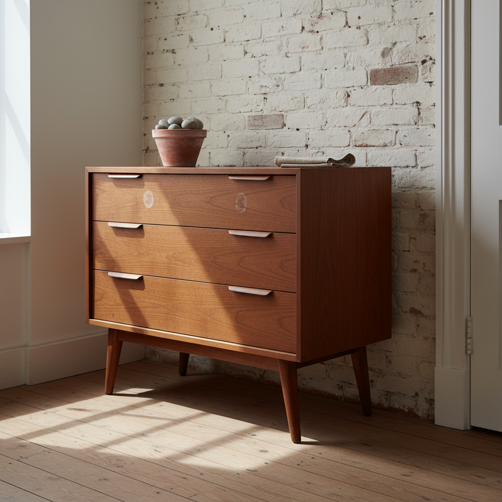 AI dresser design generator result: mid-century teak chest of drawers on splayed tapered legs against a painted brick wall