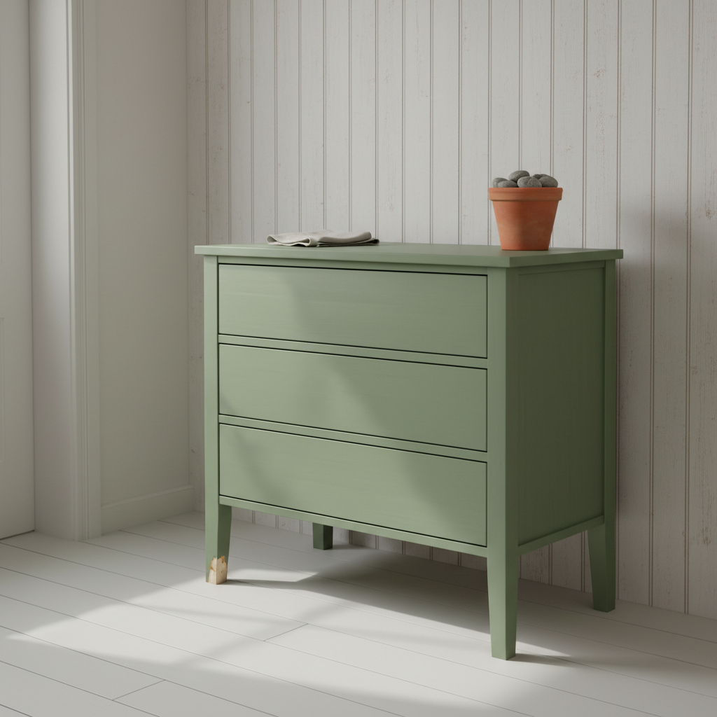 AI dresser design generator result: sage green painted dresser with handleless drawers and paint chipped back to bare timber on the front foot