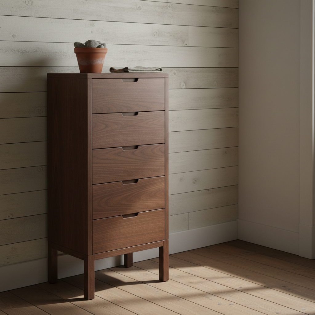 AI dresser design generator result: tall walnut tallboy with five stacked drawers and routed finger pulls against limewashed boarding