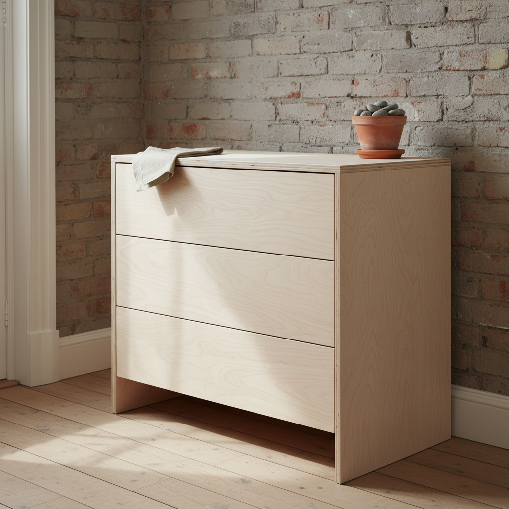 AI dresser design generator result: birch plywood chest of drawers with exposed laminated edges and solid panel legs