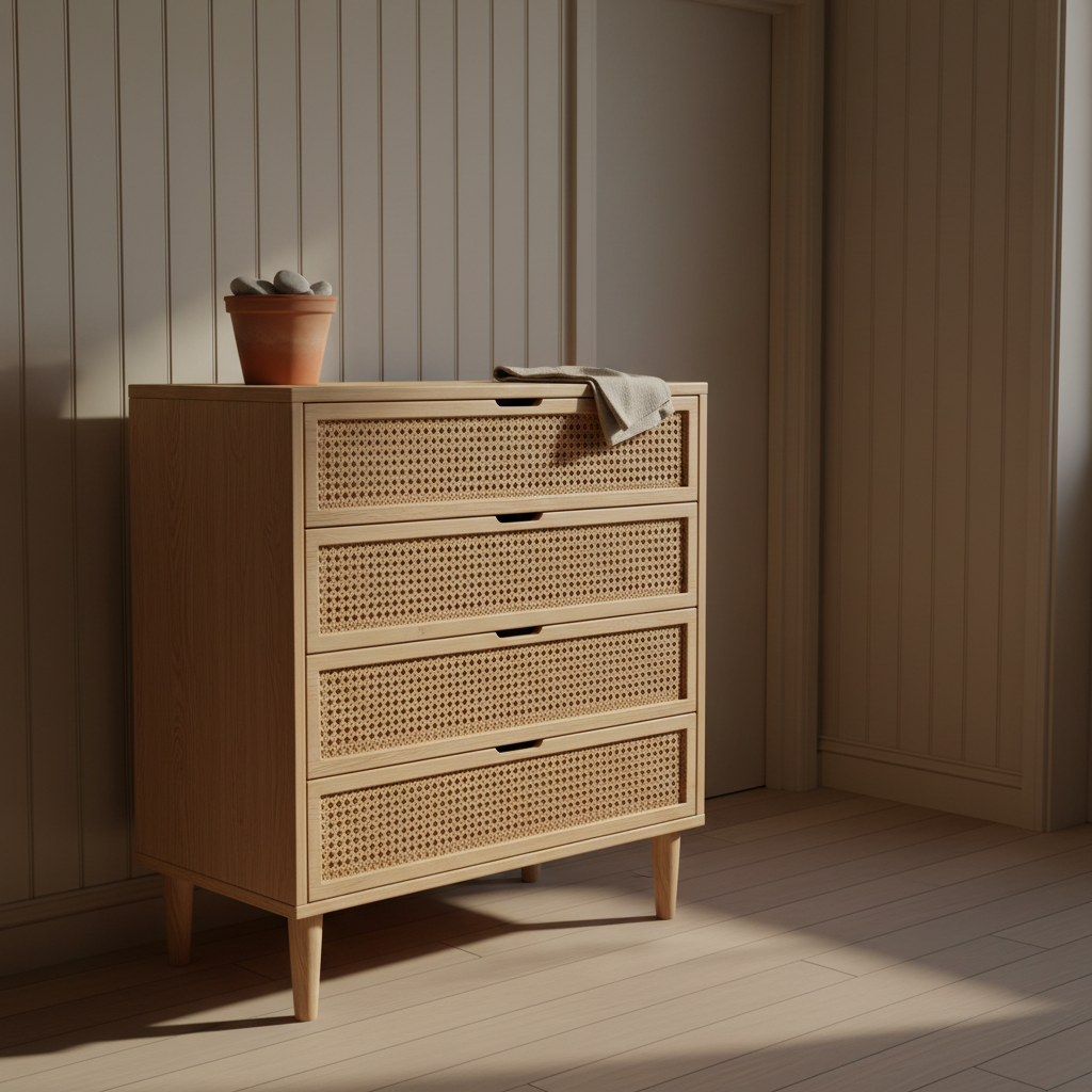 AI dresser design generator result: cane-fronted ash chest of drawers with four woven drawer fronts on round tapered legs