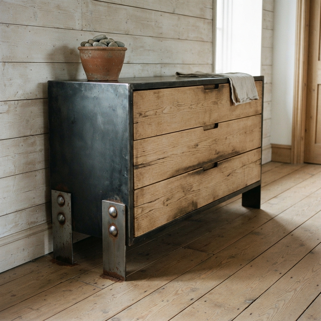 AI dresser design generator result: industrial dresser with blackened steel carcass, elm drawer fronts and bolted steel foot plates