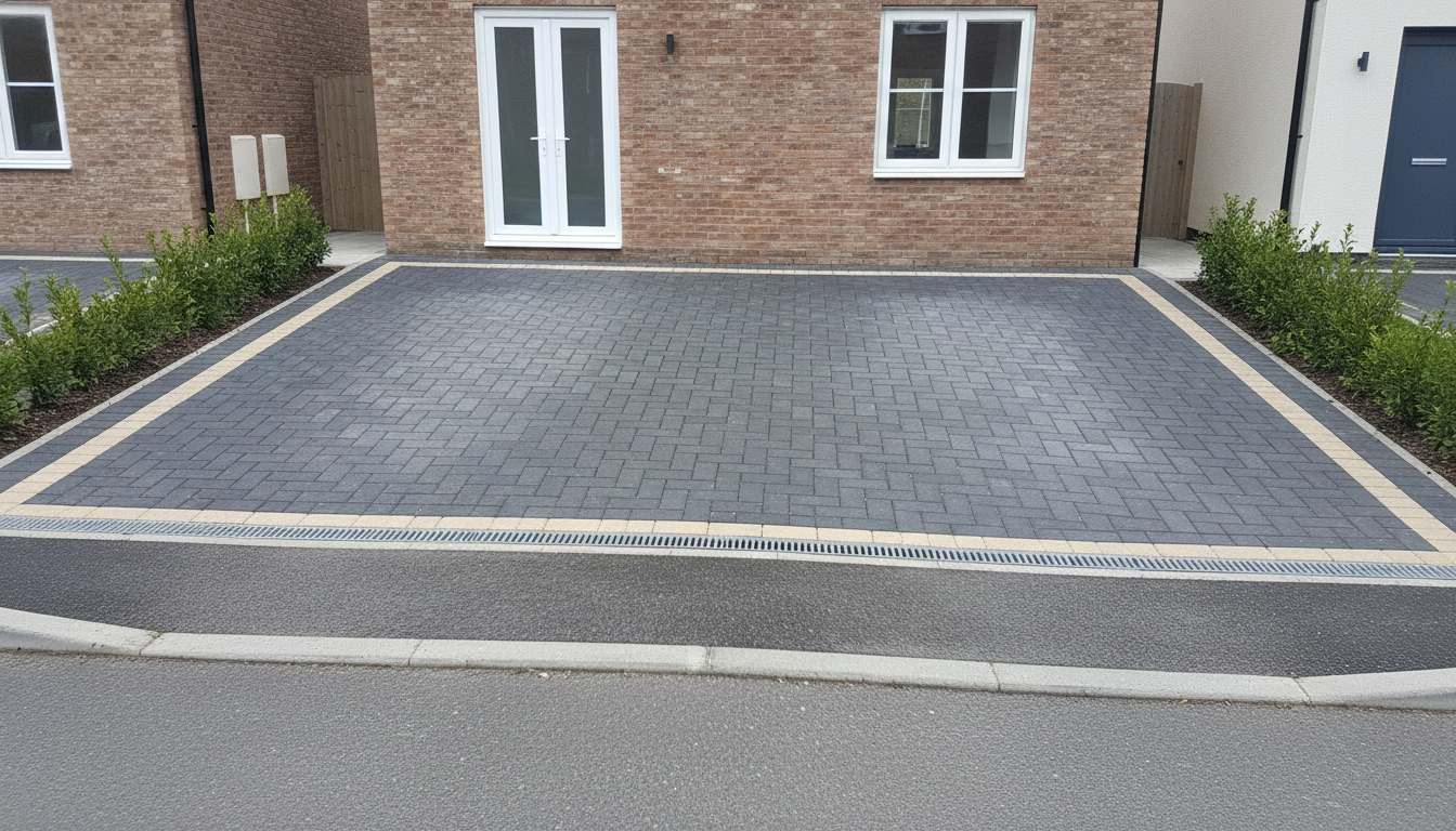 AI driveway design generator result: a charcoal grey concrete block driveway laid in herringbone with a buff soldier course border, running from a dropped kerb up to a brick house with white French doors. This is the cleanest frame on the page and it contains no text at all. The channel drain came back across the road edge instead of at the house where the prompt put it, which is arguably better practice than the instruction, because a drive that discharges onto the highway is the version that gets refused. What no photograph of a finished driveway can ever show is the only thing that decides whether it survives a winter: the surface here reads perfectly level, and the fall that has to be built into it is roughly a centimetre per metre, which is far too small to see. The house is also worth noticing, because the drive runs up to a pair of outward opening French doors rather than to a garage or a front door.