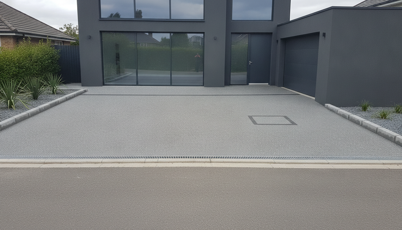 AI driveway design generator result: a seamless mid grey resin bound gravel driveway in front of a dark rendered contemporary house with a flush garage door. The resin surface is genuinely correct, continuous with no joints, no blocks and no slabs anywhere, and it does something rare: the manhole cover near the garage is drawn as a recessed tray infilled with the same aggregate so it reads as a faint rectangular outline, which is exactly how a good resin drive handles an inspection chamber. The failure is in the glazing. Despite a negative that ruled out people anywhere in the image, a human figure is clearly reflected in the sliding doors, standing with a camera raised to their face. The model kept people out of the scene and then put one in the mirror, which means the no people instruction has to name reflections or it only covers half the picture.