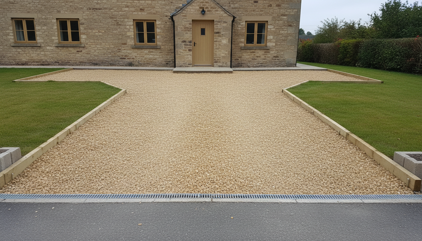 AI driveway design generator result: a pale golden gravel driveway leading to a stone cottage, edged with timber boards and opening out into a full width parking apron in front of the house. The gravel itself is excellent, angular and evenly raked at a consistent depth right across the run, and the stone threshold apron in front of the door is correct. Two things are not. The left and right halves are near perfect mirror images of each other, which is the same symmetry every room in this series has come back with, and the edging turns through a hard angular notch on both sides to form the apron, which is a corner no car could actually turn through without cutting across the grass. There is nothing at the road end holding the gravel in either. Loose stone migrates, and within a season this one would be in the channel drain and out on the carriageway.