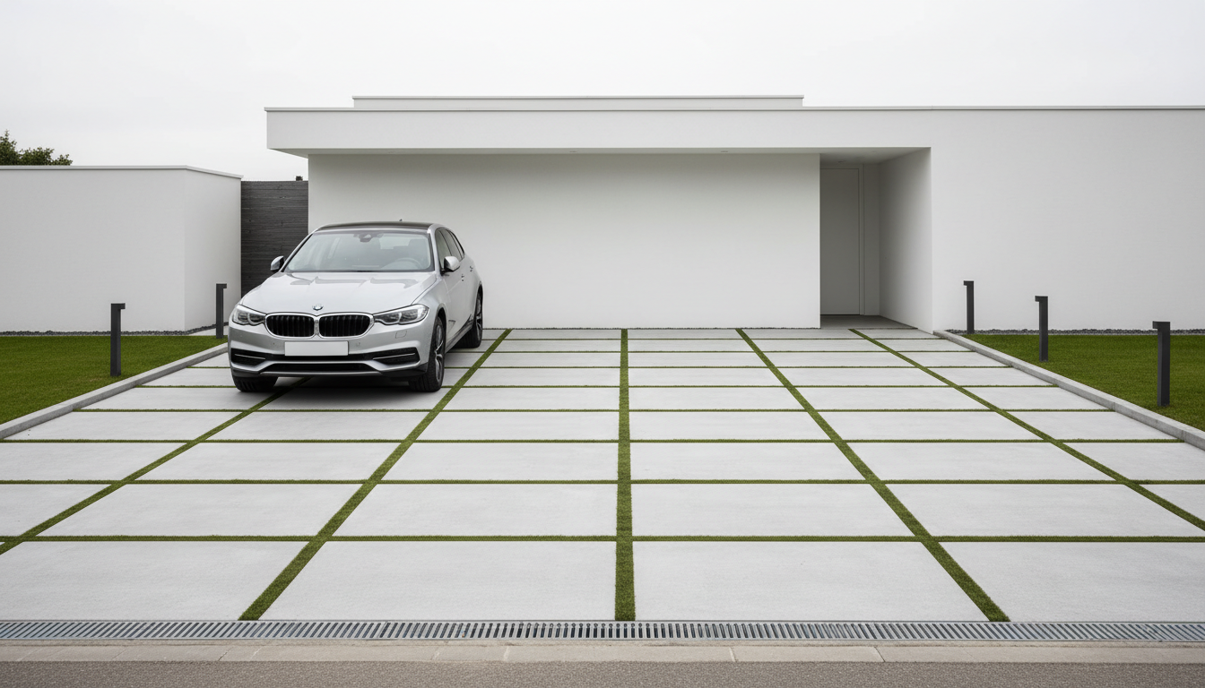 AI driveway design generator result: a modern driveway of large format pale porcelain slabs in a grid with grass filled joints, in front of a flat roofed white house, with a silver car parked at an angle on the left. This is the branding failure of the set and it is a precise one. The negative named the number plate and the badge in the same sentence: the number plate came back a completely blank rectangle, and the grille and bonnet came back carrying an instantly identifiable manufacturer badge and grille shape. A blank plate is a default state, whereas a badge is part of what makes a car that car, so a model asked for a generic saloon draws a specific one and the emblem arrives with the shape. The grass joints are also inconsistent, green in some runs and bare grey in others, and every one of them is pristine, including the two the front wheels are standing on.